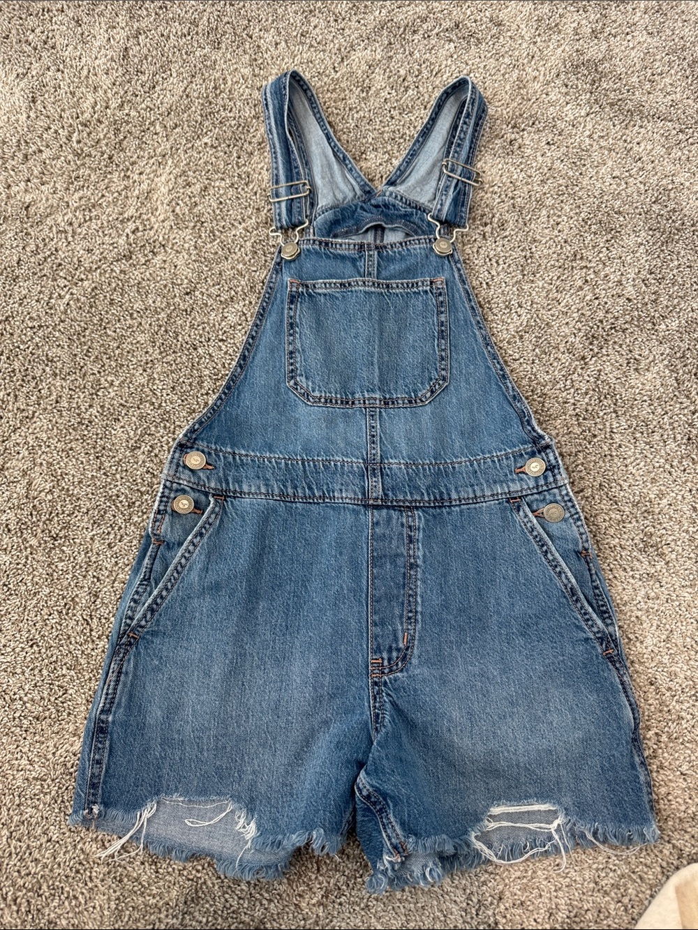 Hollister Blue Denim Short Overalls - Distressed Frayed Hem